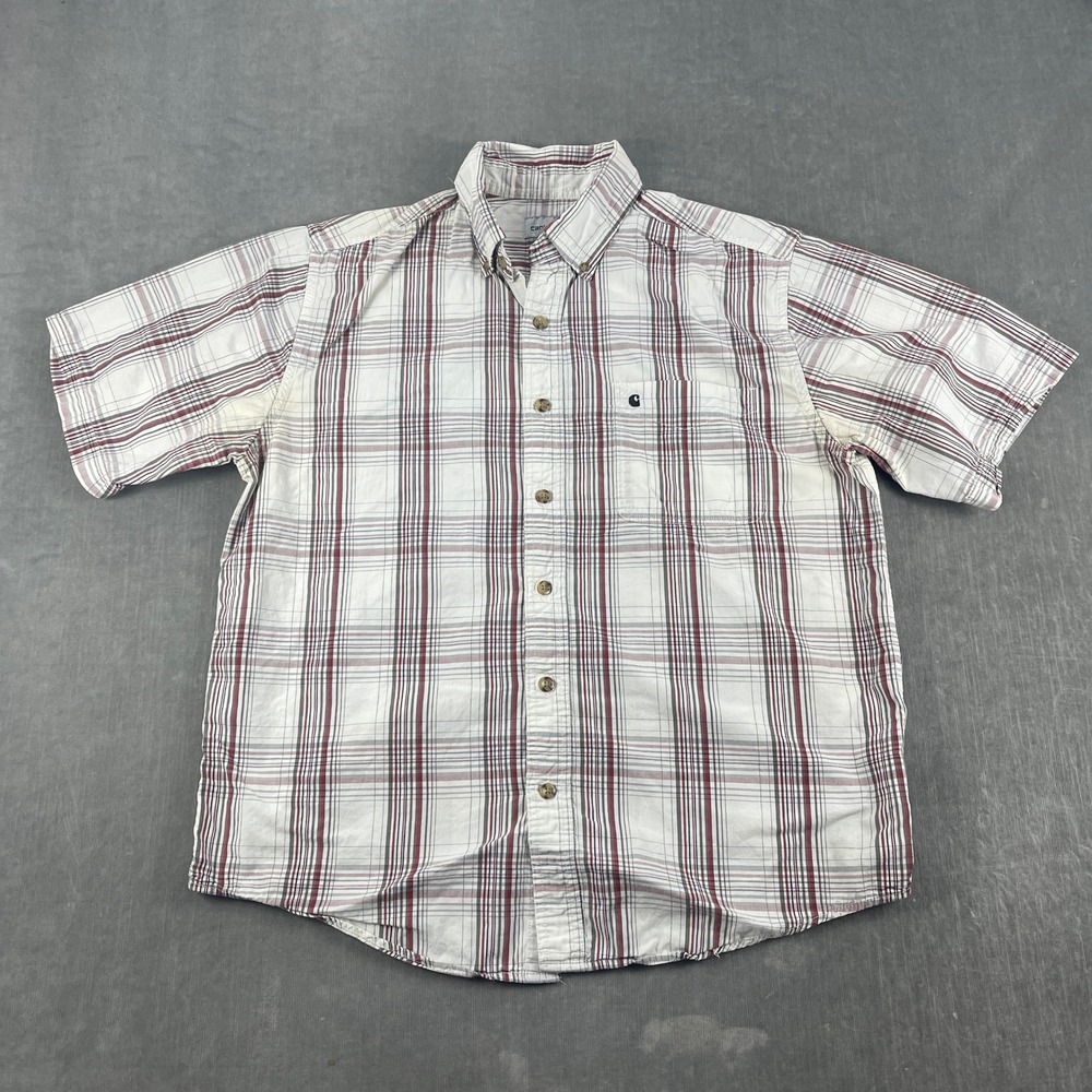 Carhartt Mens Large White Red Plaid Short Sleeve Button Down Shirt S233 DBD